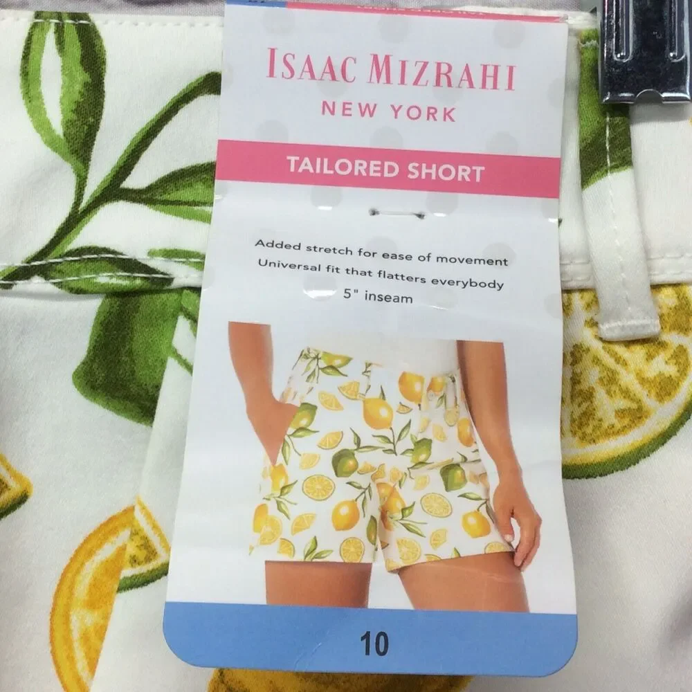 Isaac Mizrahi Tailored Shorts Women Sz 10 Lemon Lime Print Chino Flat Front NWT
